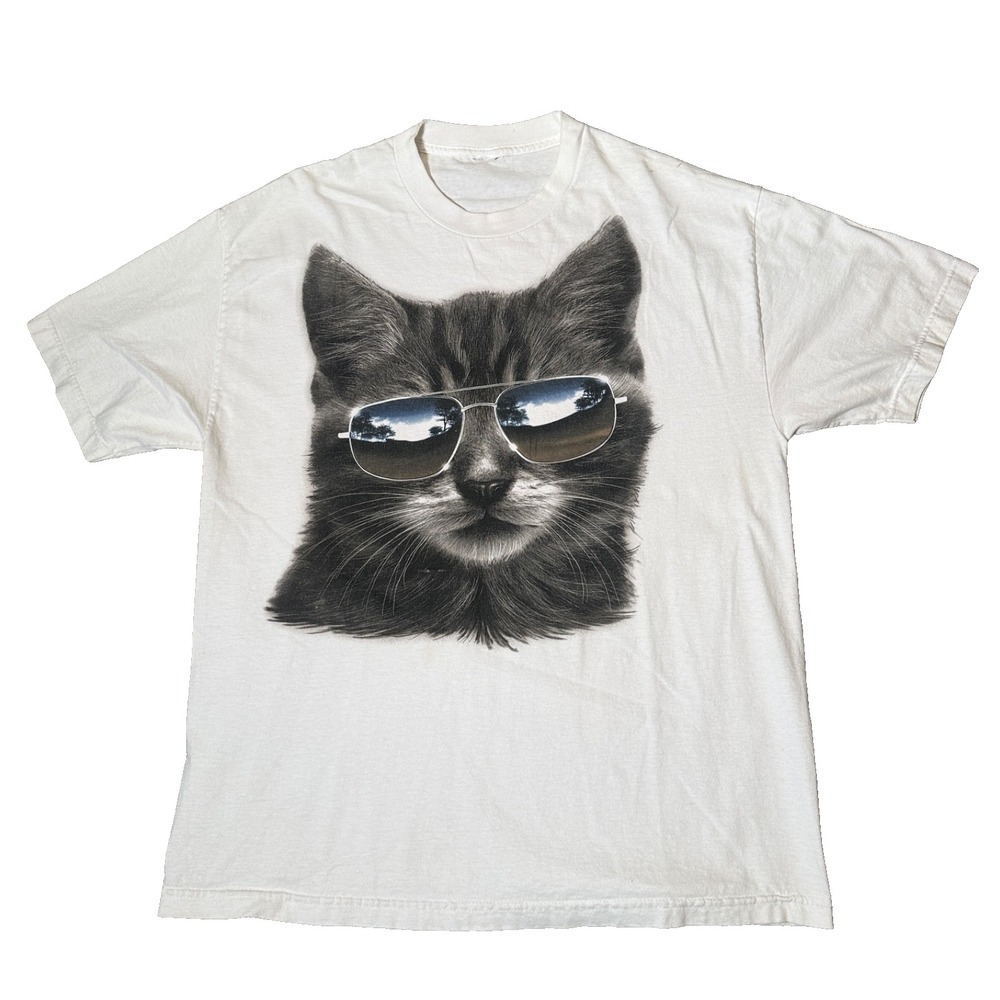 Vtg Cat T-Shirt Adult XL White Crewneck Animal Graphic Logo Short Sleeve Y2k